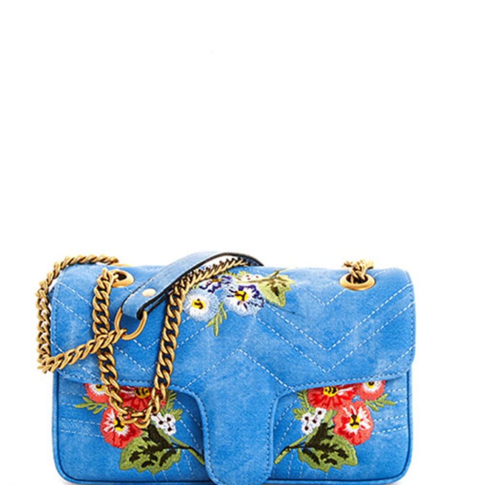 Denim Blue Embroidered  Crossbody Bag
